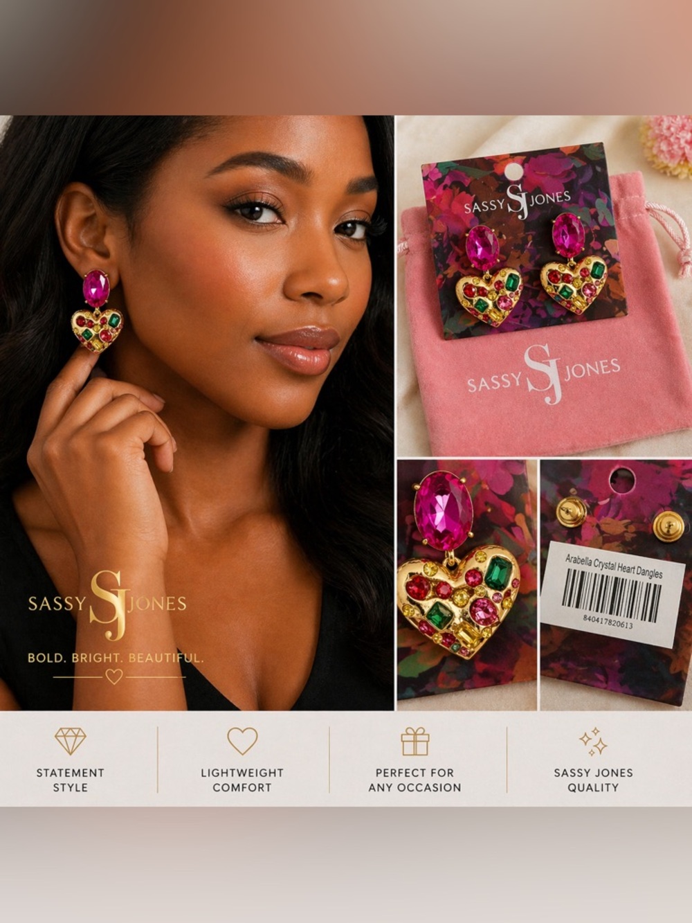 Sassy Jones Gold Heart Drop Earrings with Pink, Green & Red Gems